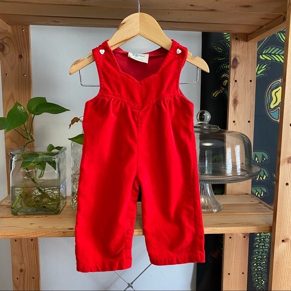 Vintage Tiny Tots Originals Red Velvet Overall Romper Heart Flower Lace Shirt - Picture 10 of 13